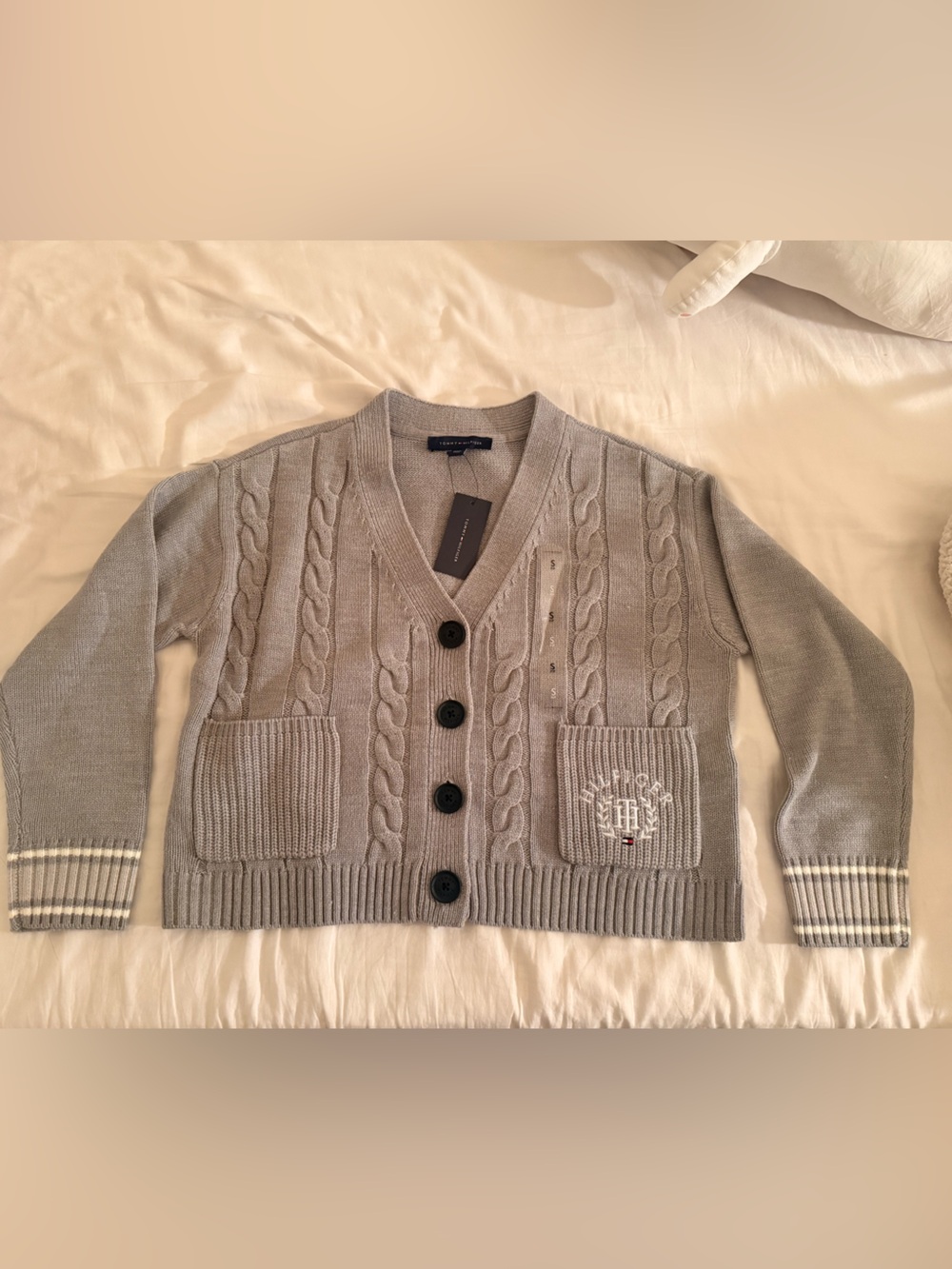 Tommy Hilfiger Gray Cable Knit Cardigan with Crest Detail